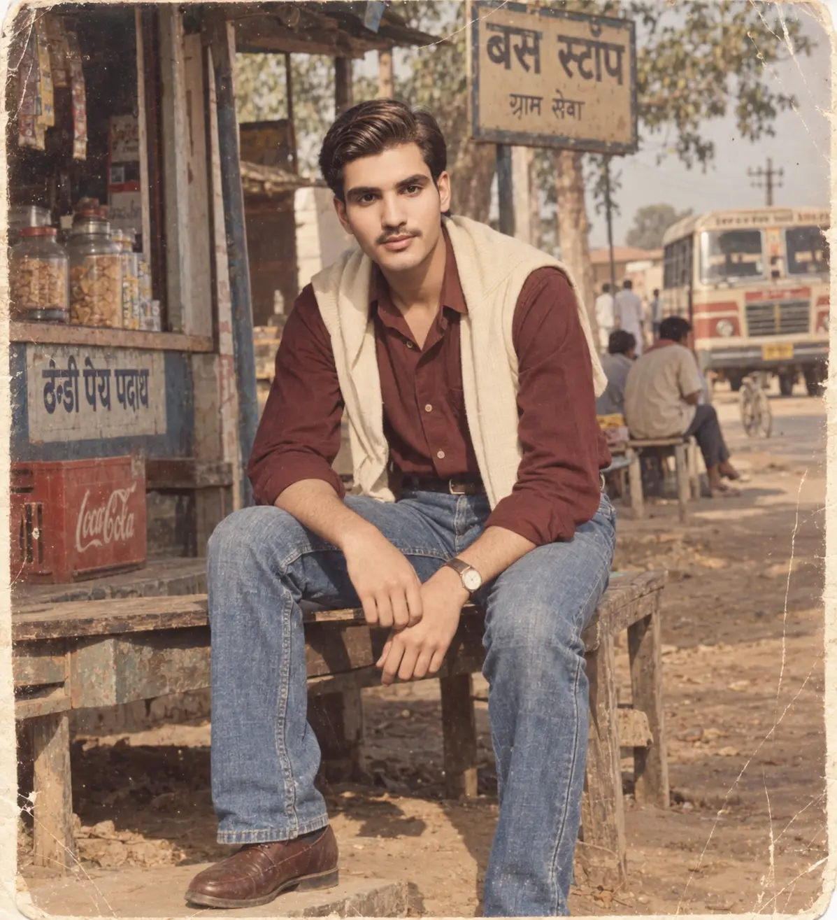 1980s AI photo trend - rural Indian bus stop retro photograph
